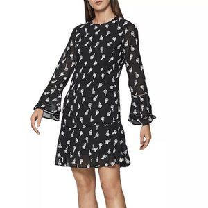REISS | Black and White Floral-Jacquard Long Sleeve Yvette Dress | Size 8